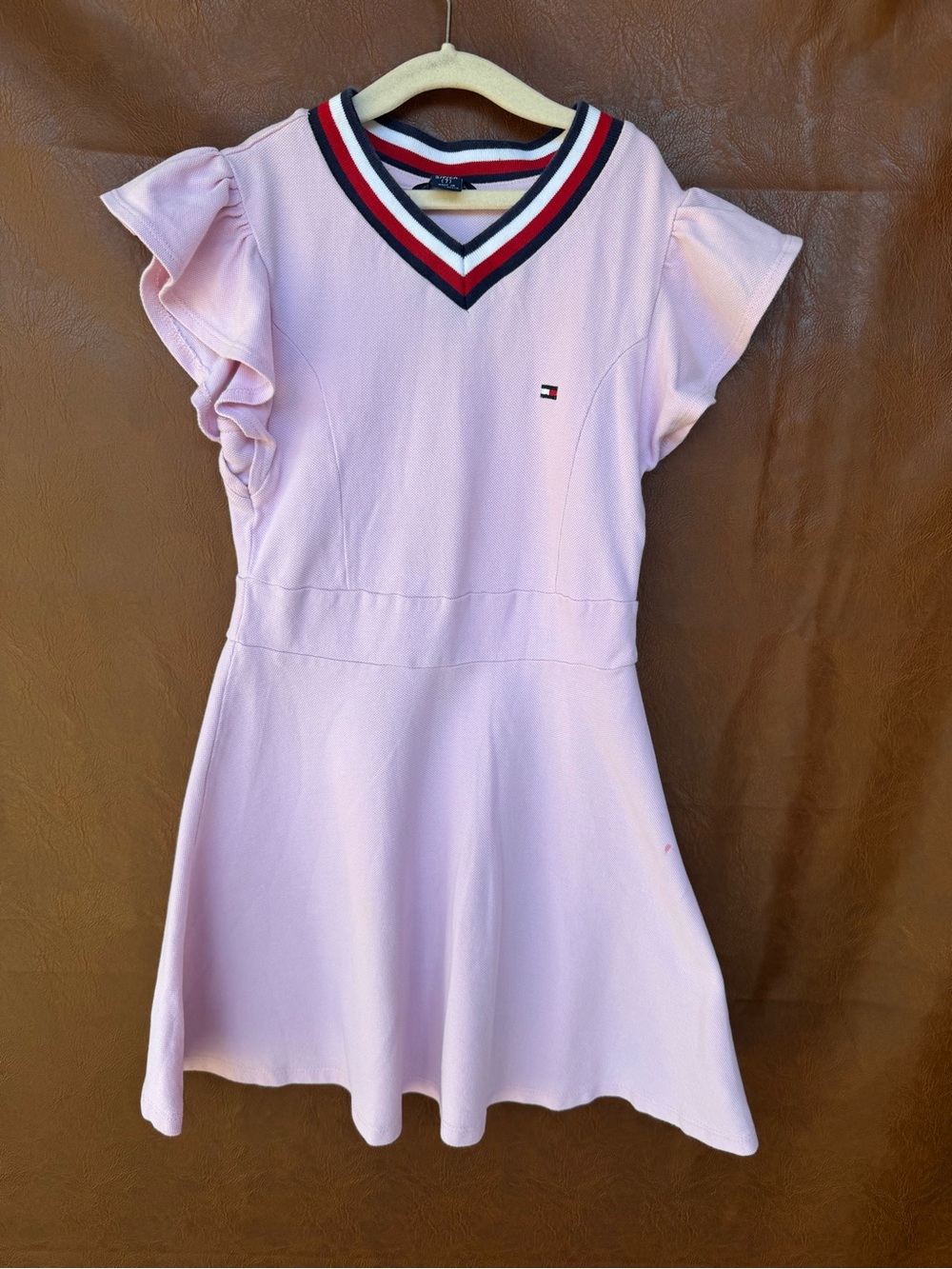 Tommy Hilfiger Girls Size 7 Pink Polo Dress Flutter Sleeve Preppy Tennis